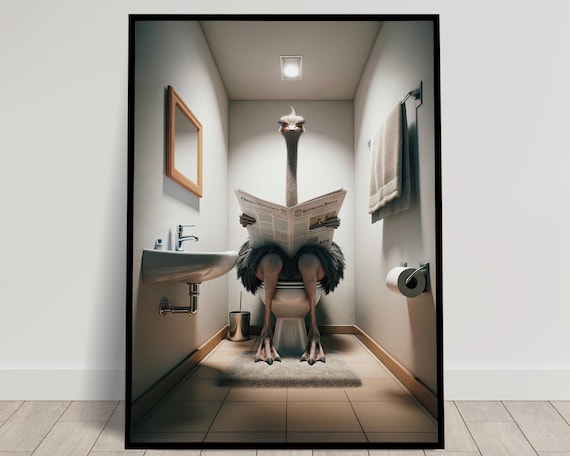Ostrich Reading the Newspaper on the Toilet Funny Bathroom Poster