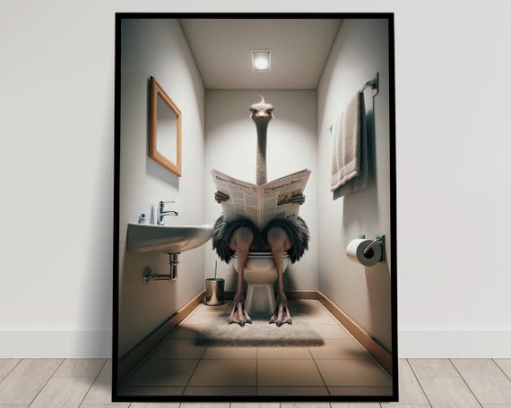 Photograph Of An Ostrich Reading The Newspaper On The Toilet Funny Bathroom Decor Bathroom Wall Art Wc Toilet Poster Unique Gag Gift
