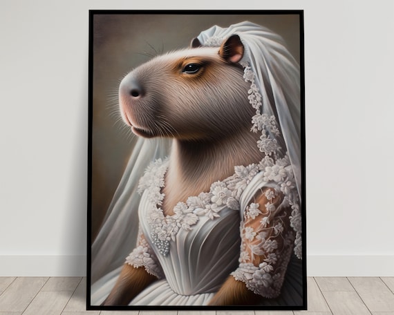Capybara Bride in a Floral Lace Wedding Gown Profile Animal Portrait Poster