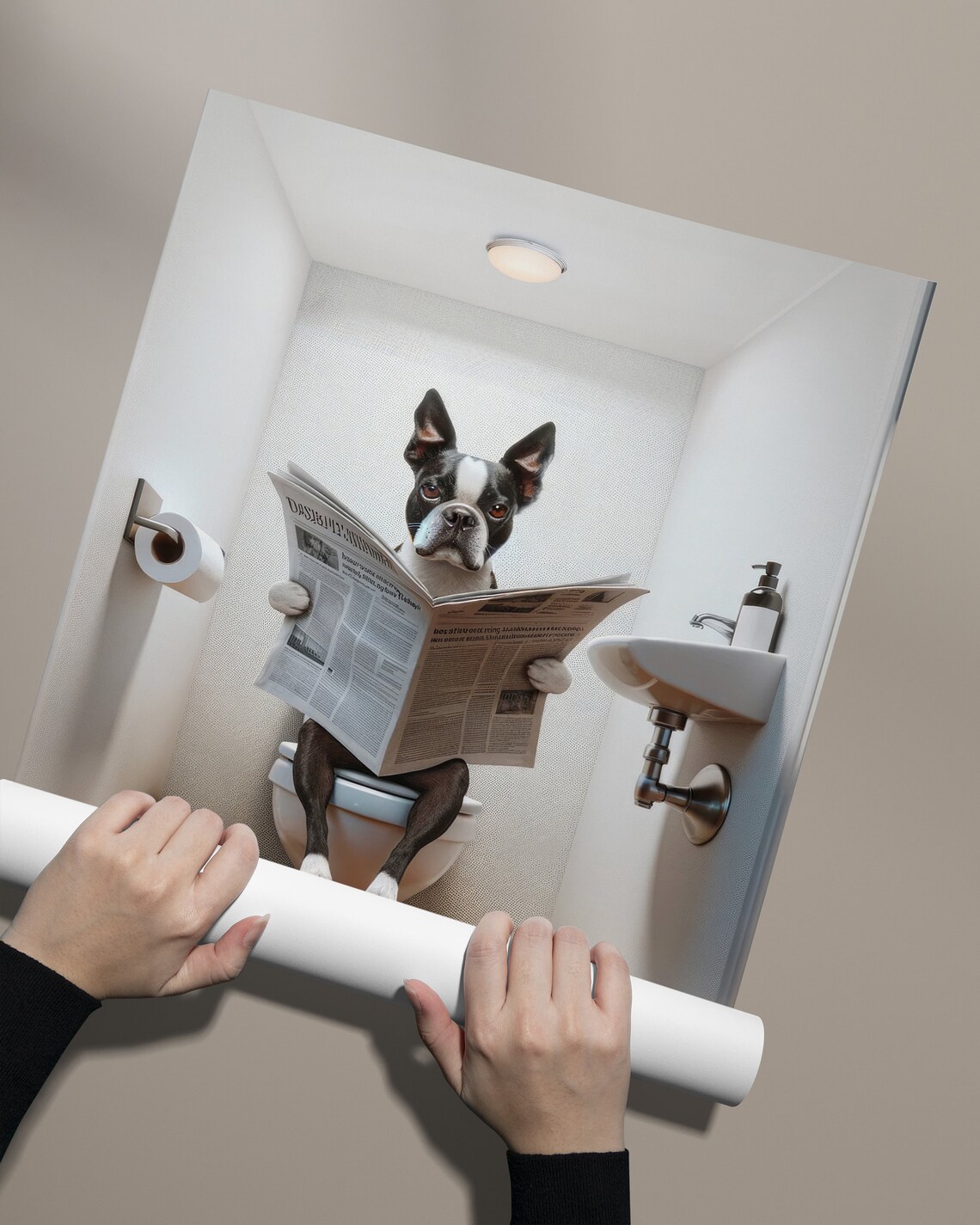 Boston Terrier Reading Newspaper Funny Bathroom Poster - Image 2