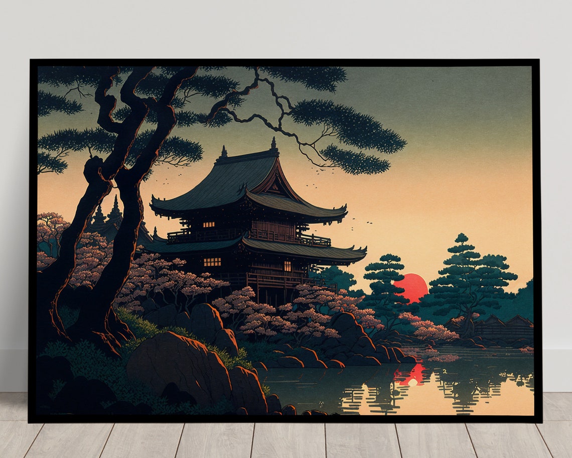 Japanese Pagoda Temple At Sunset Cherry Blossoms Lake Poster