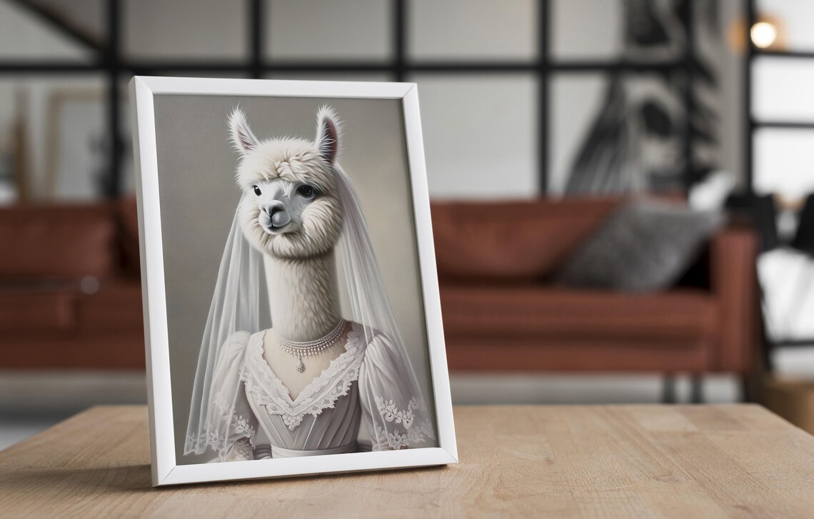 Alpaca Bride in Wedding Dress Veil and Pearl Necklace Funny Poster - Image 4