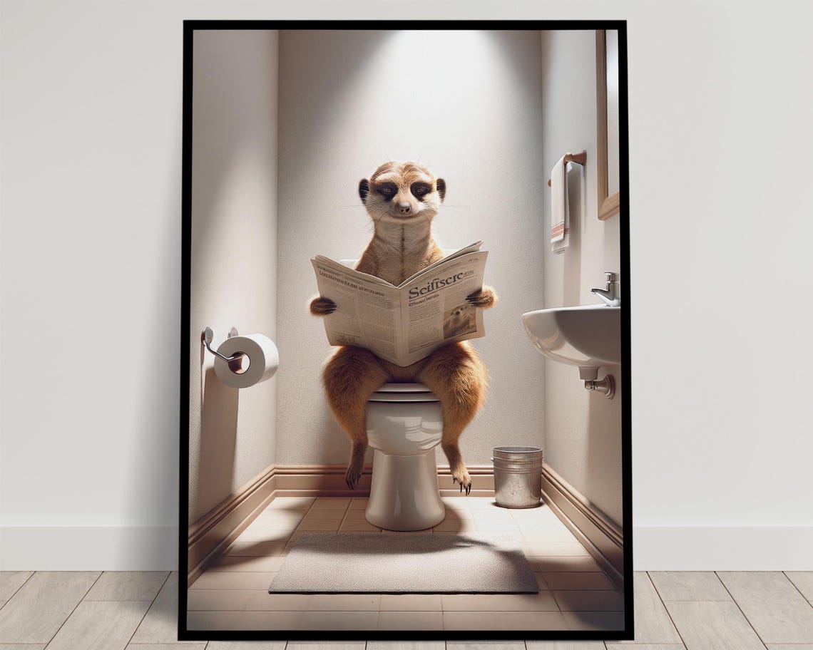 Meerkat Reading Newspaper On The Toilet Funny Bathroom Poster
