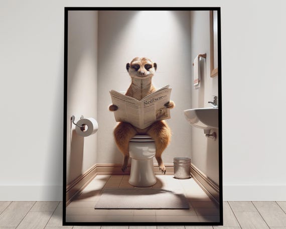 Photograph Of A Meerkat Reading The Newspaper On The Toilet Funny Bathroom Decor Bathroom Wall Art Wc Toilet Poster Unique Gag Gift