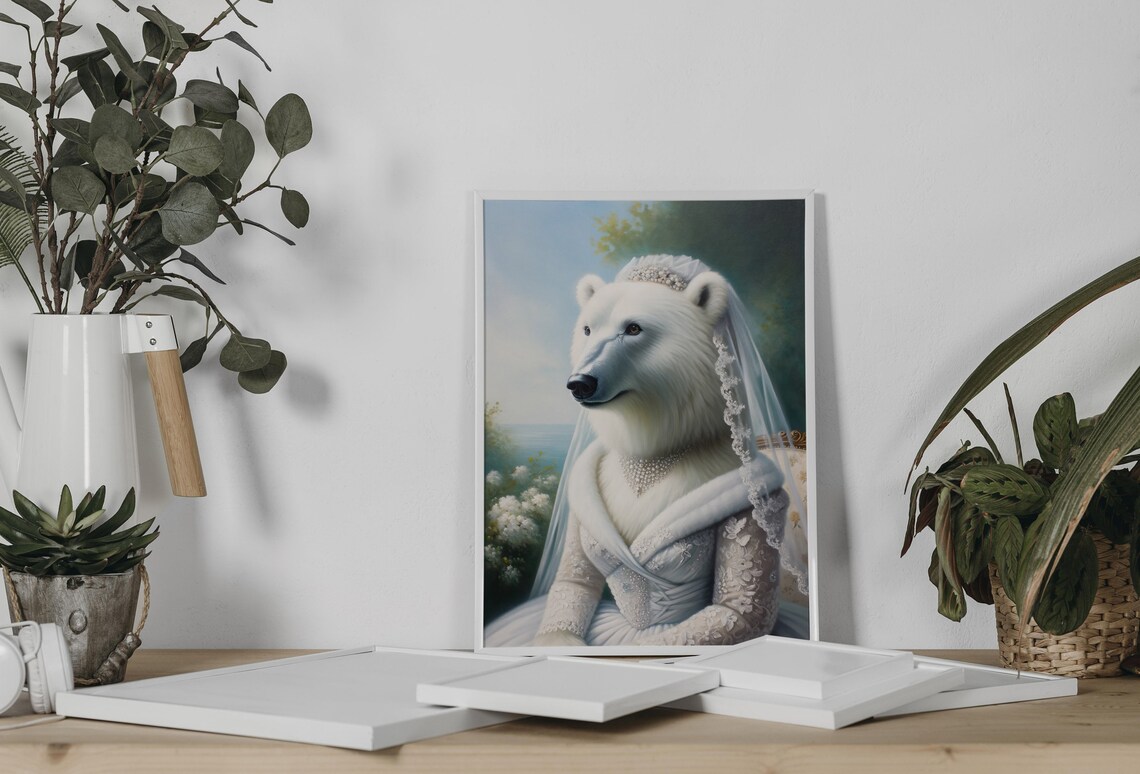 Polar Bear Bride in a White Lace Gown by the Sea Wedding Animal Poster - Image 2