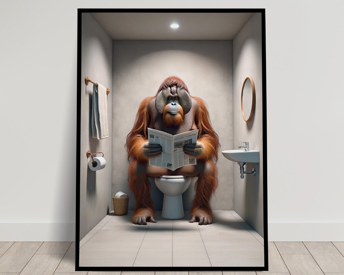 Orangutan Reading the Newspaper, Funny Bathroom Poster