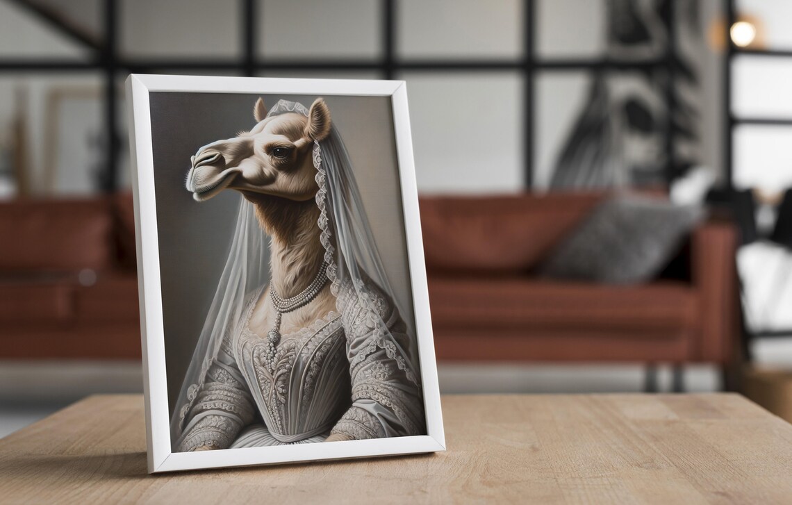 Camel Bride in a Silver Lace Wedding Gown Victorian Animal Portrait Poster - Image 4