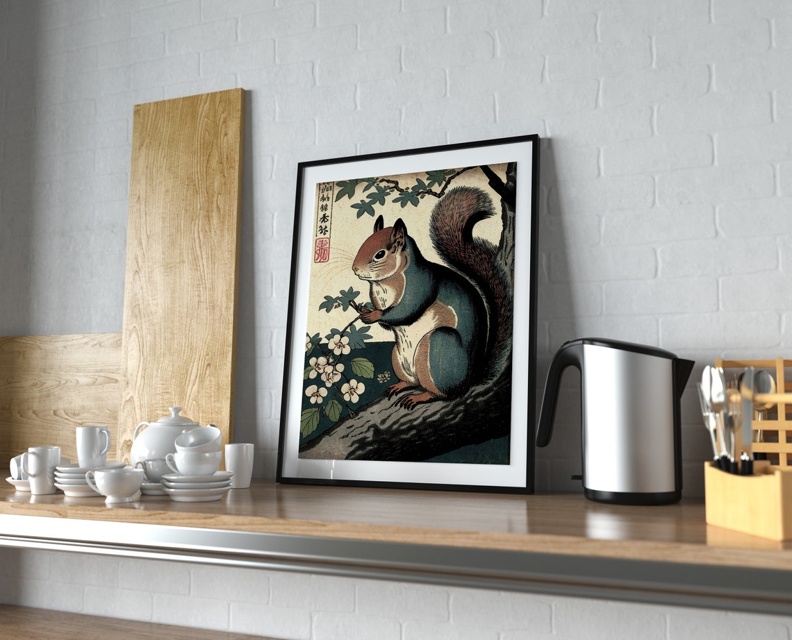 Squirrel On Blossoming Branch Japanese Ukiyo E Woodblock Style Poster - Image 4
