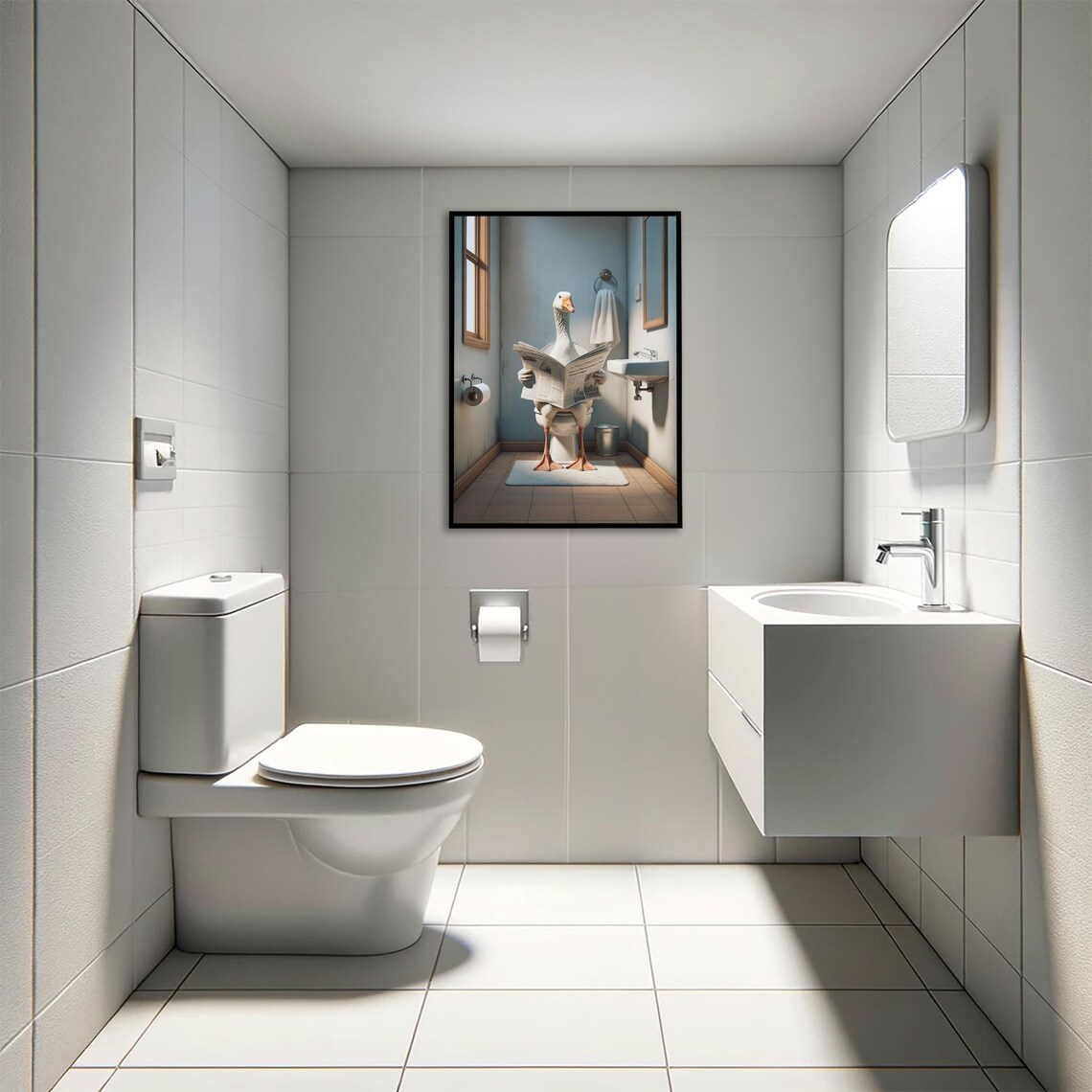 White Goose Reading Newspaper On The Toilet Funny Bathroom Poster - Image 4
