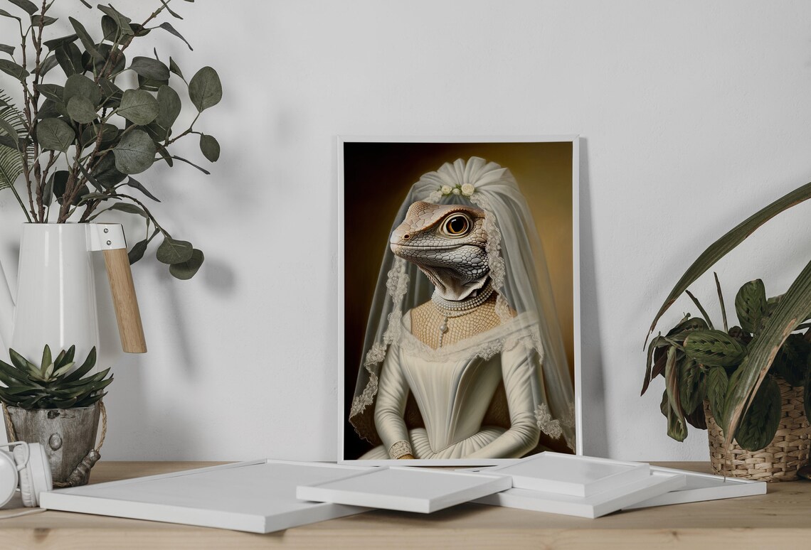 Lizard Bride in a White Satin Wedding Gown with Pearl Necklace Poster - Image 2