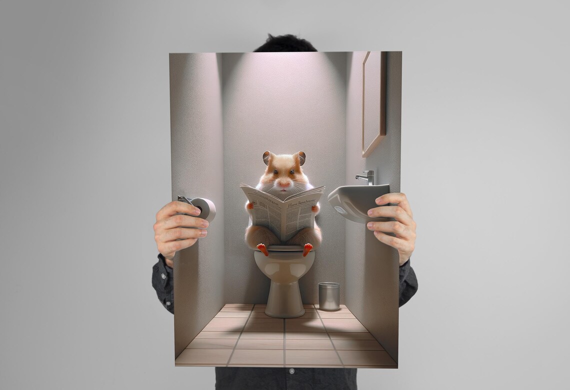 Hamster Reading the Newspaper on the Toilet Funny Bathroom Poster - Image 3