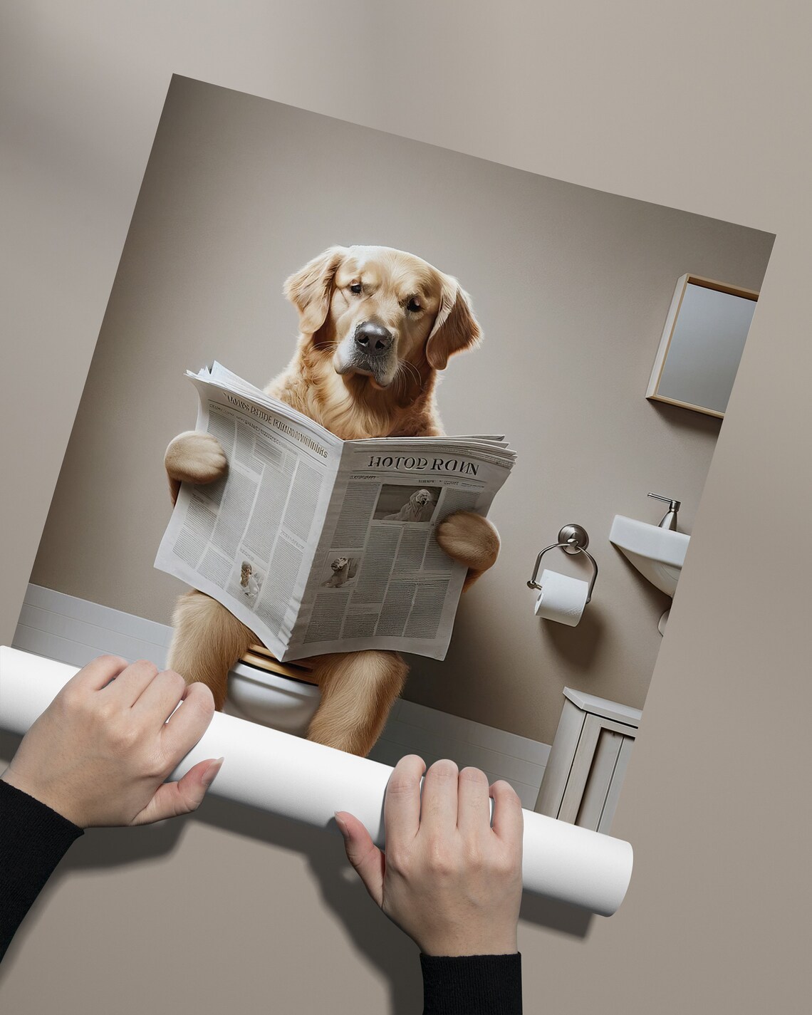 Golden Retriever Reading Newspaper Bathroom Poster - Image 2