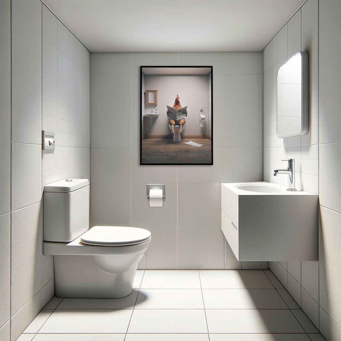 Funny Hen Reading Newspaper On Toilet Farmhouse Bathroom Humor Poster - Image 4