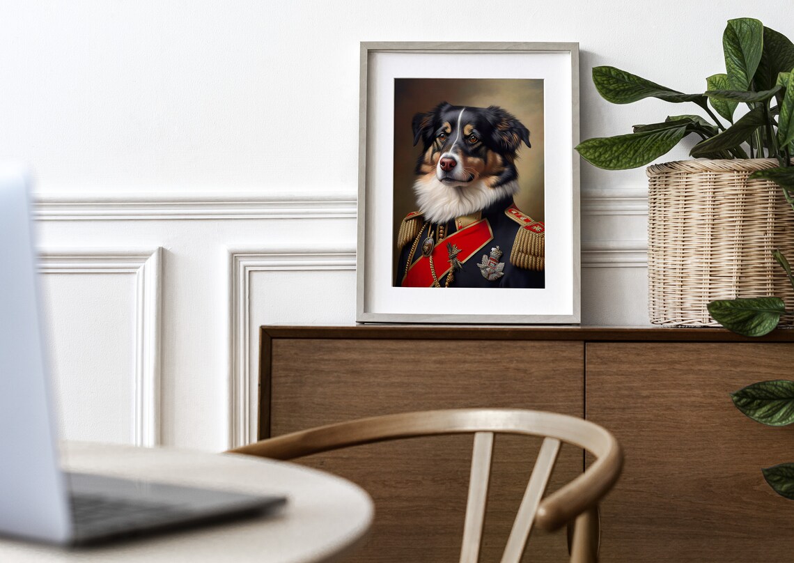 Australian Shepherd In Military Uniform Art Print - Image 4