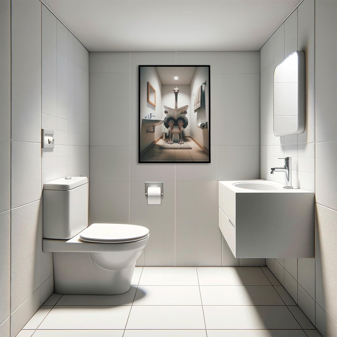 Ostrich Reading the Newspaper on the Toilet Funny Bathroom Poster - Image 4