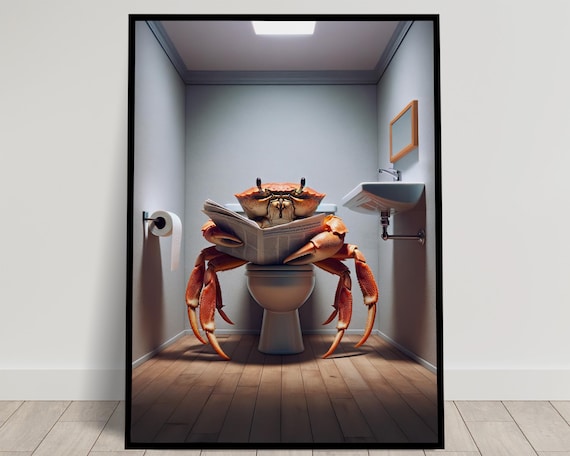Photograph Of A Crab Reading The Newspaper On The Toilet Funny Bathroom Decor Bathroom Wall Art Wc Toilet Poster Unique Gag Gift