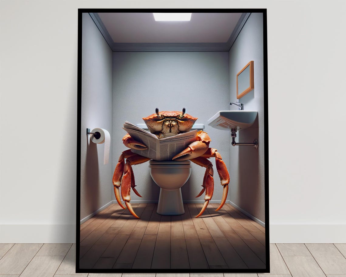 Red Crab Reading Newspaper On The Toilet Funny Bathroom Poster