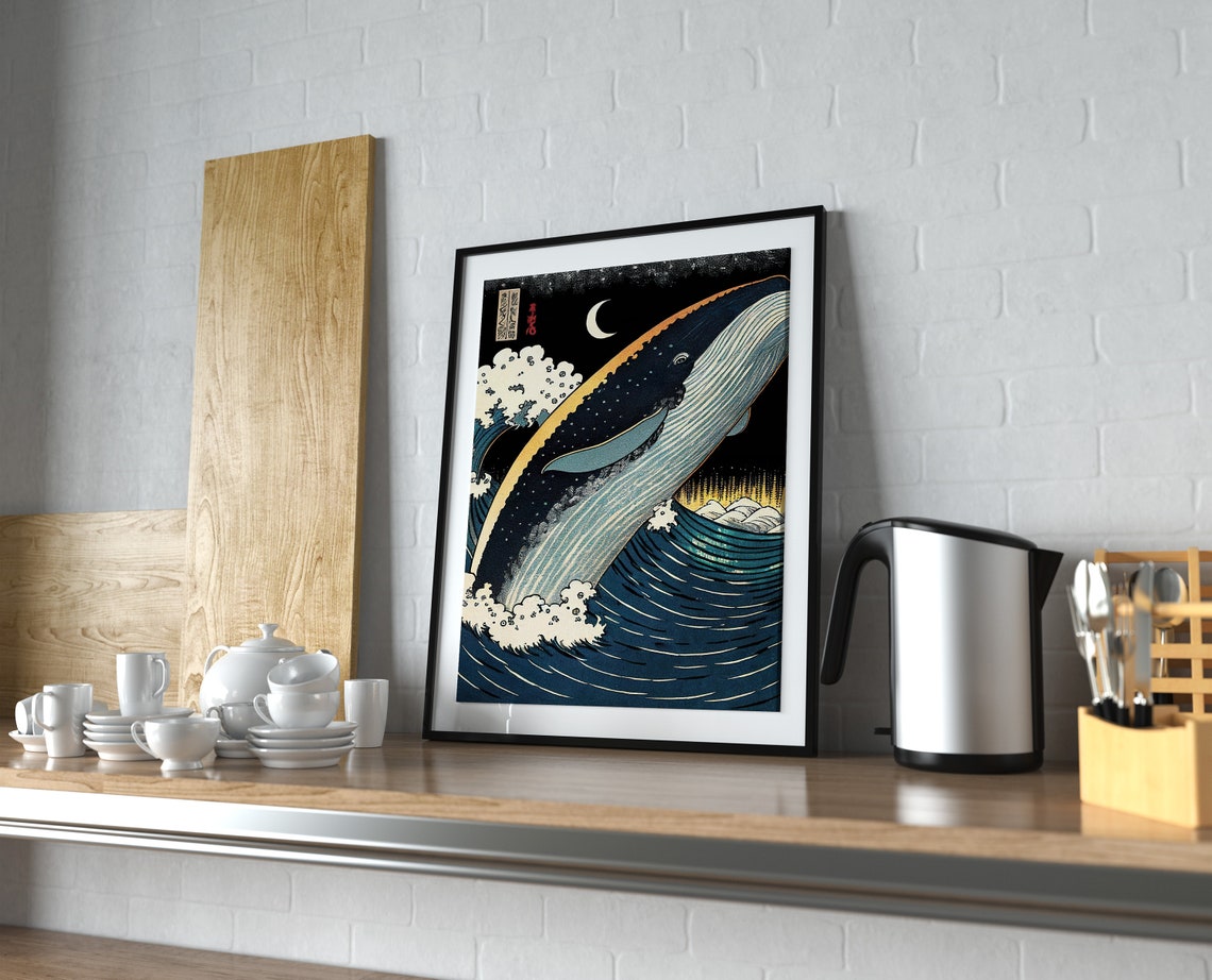 Whale Breaching at Night Under Crescent Moon Ukiyo E Japanese Poster - Image 4