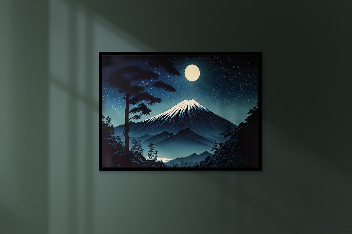 Mount Fuji Under the Full Moon Art Print - Image 2