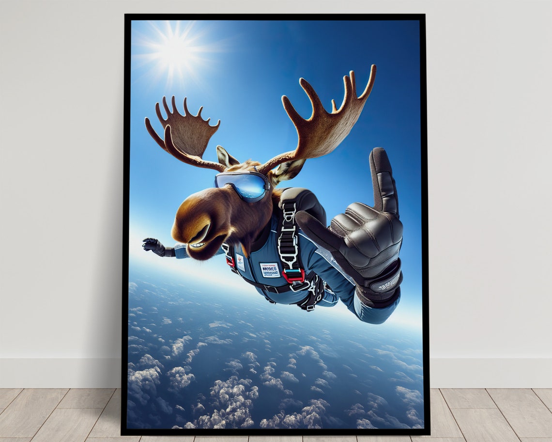 Moose Skydiving With Antlers And Goggles Epic Freefall Animal Poster