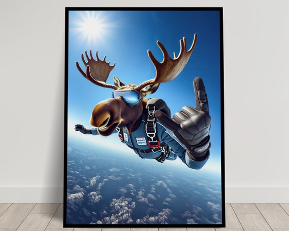 Photograph Of A Skydiving Moose In Free Fall Epic Wall Art Animal Print Free Fall Poster Extreme Sport Decor Unique Animal Lover Gift