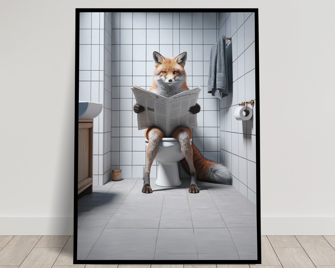 Fox Reading Newspaper Bathroom Poster, Funny Decor