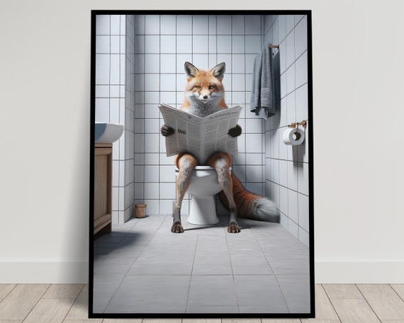 Fox Reading Newspaper Bathroom Poster, Funny Decor