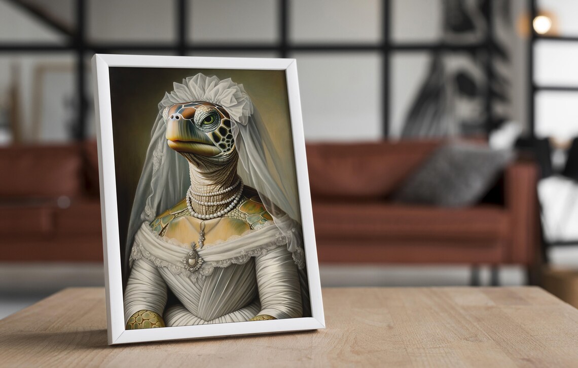 Sea Turtle In Wedding Dress And Pearls Baroque Portrait Funny Poster - Image 4
