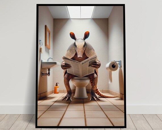 Armadillo Reading the Newspaper on the Toilet Funny Bathroom Poster