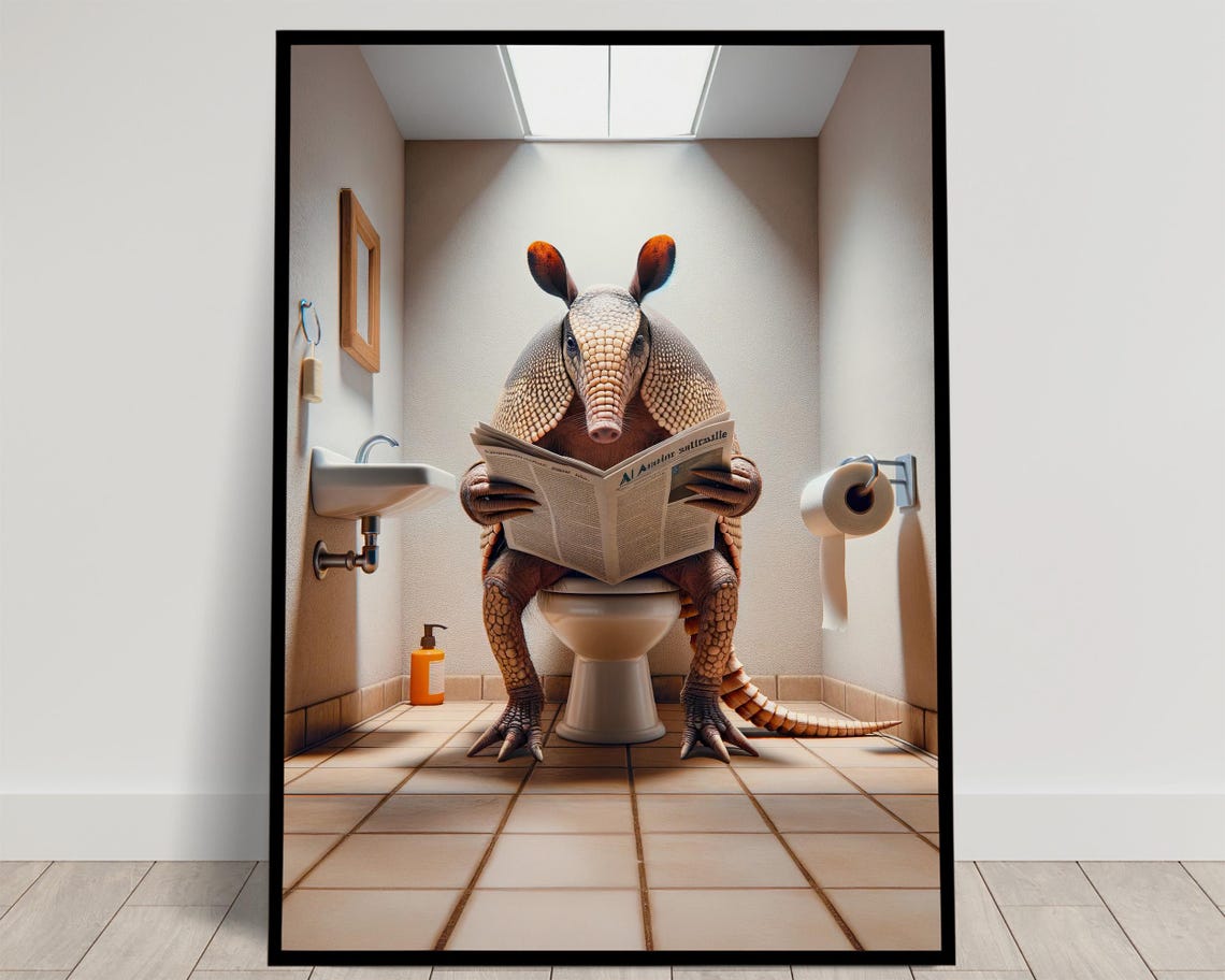 Armadillo Reading the Newspaper on the Toilet Funny Bathroom Poster