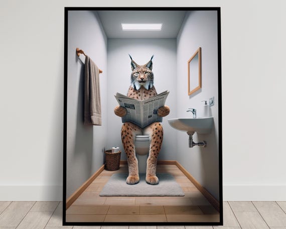 Photograph Of A Lynx Reading The Newspaper On The Toilet Funny Bathroom Decor Bathroom Wall Art Wc Toilet Poster Unique Gag Gift