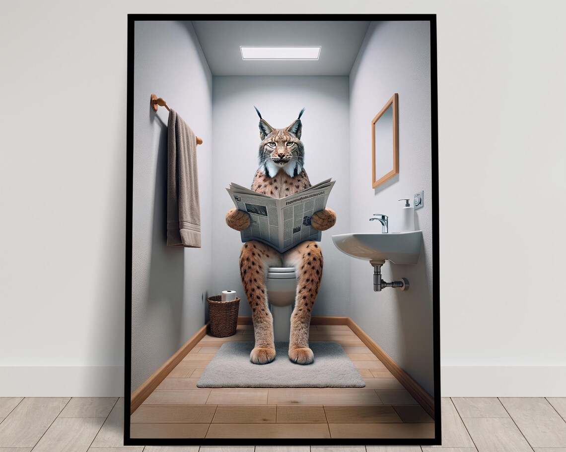 Funny Lynx Reading Newspaper On Toilet Wild Cat Bathroom Humor Poster