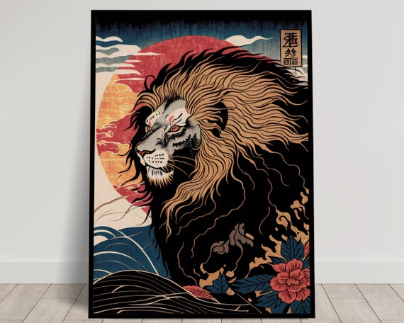 Lion Wall Poster Japanese Art Style Illustration Ukiyo E Print Poster Wall Art Lion Japan Wall Decoration