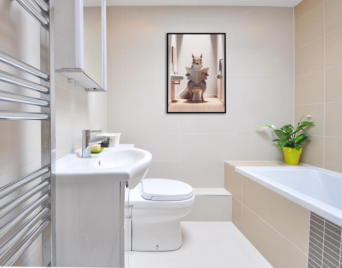 Squirrel Reading the Newspaper on the Toilet Funny Bathroom Poster - Image 2