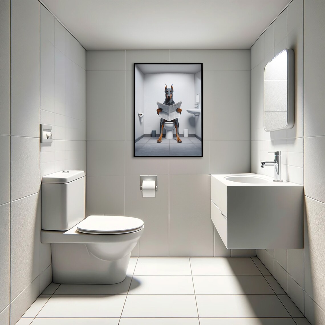 Doberman Reading Newspaper Bathroom Poster Print - Image 4
