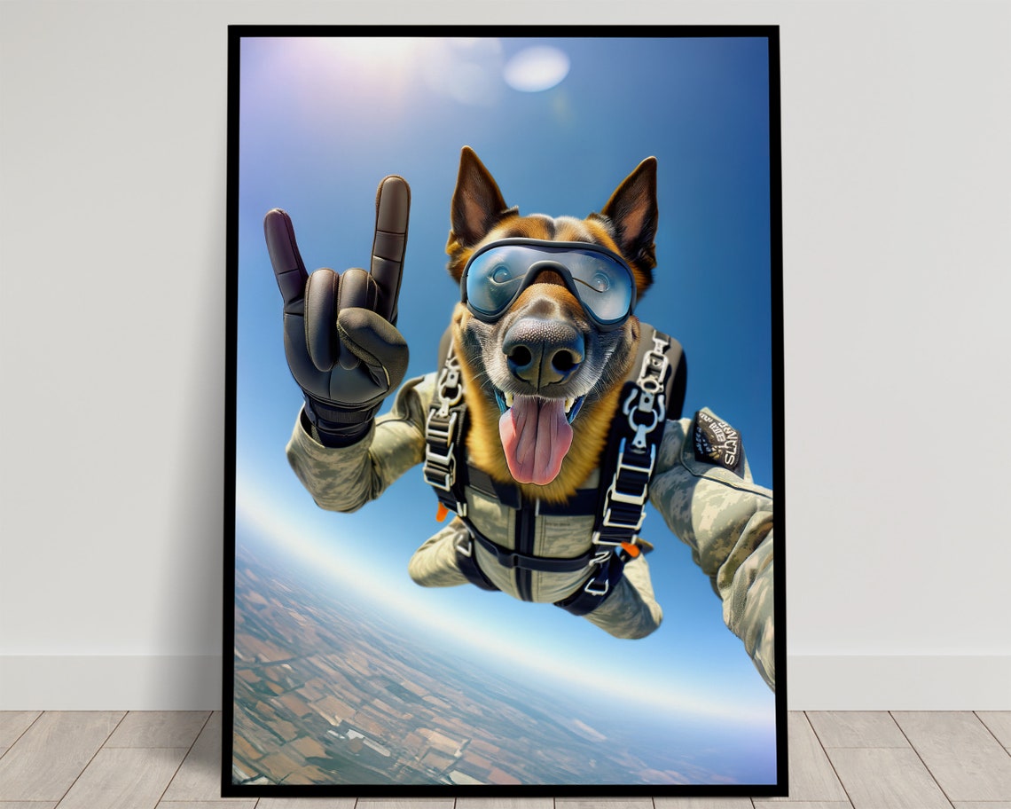 Belgian Malinois Skydiving Rock On Sign Epic Freefall Dog Poster