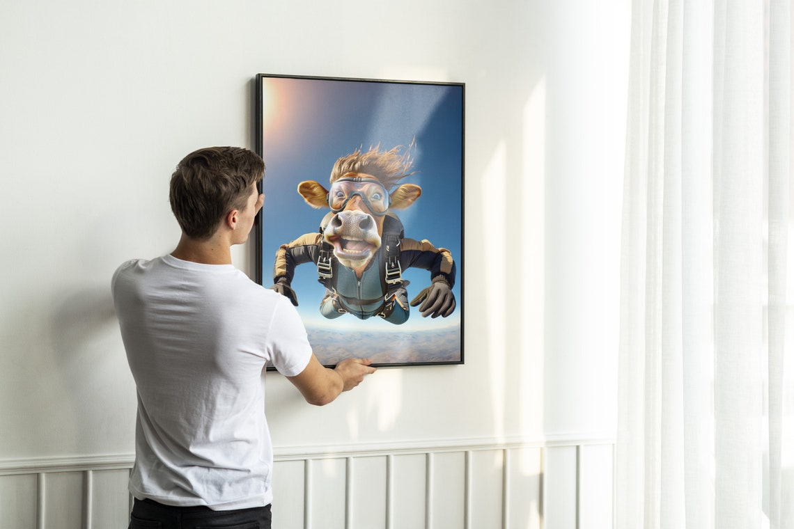Smiling Brown Cow Skydiving In Goggles Epic Freefall Funny Poster - Image 2