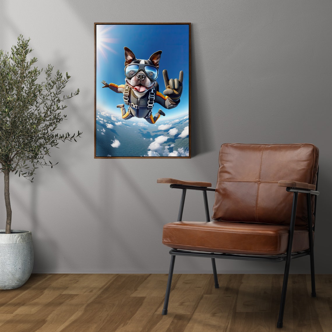 Boston Terrier Skydiving Rock On Sign Epic Freefall Dog Poster - Image 3