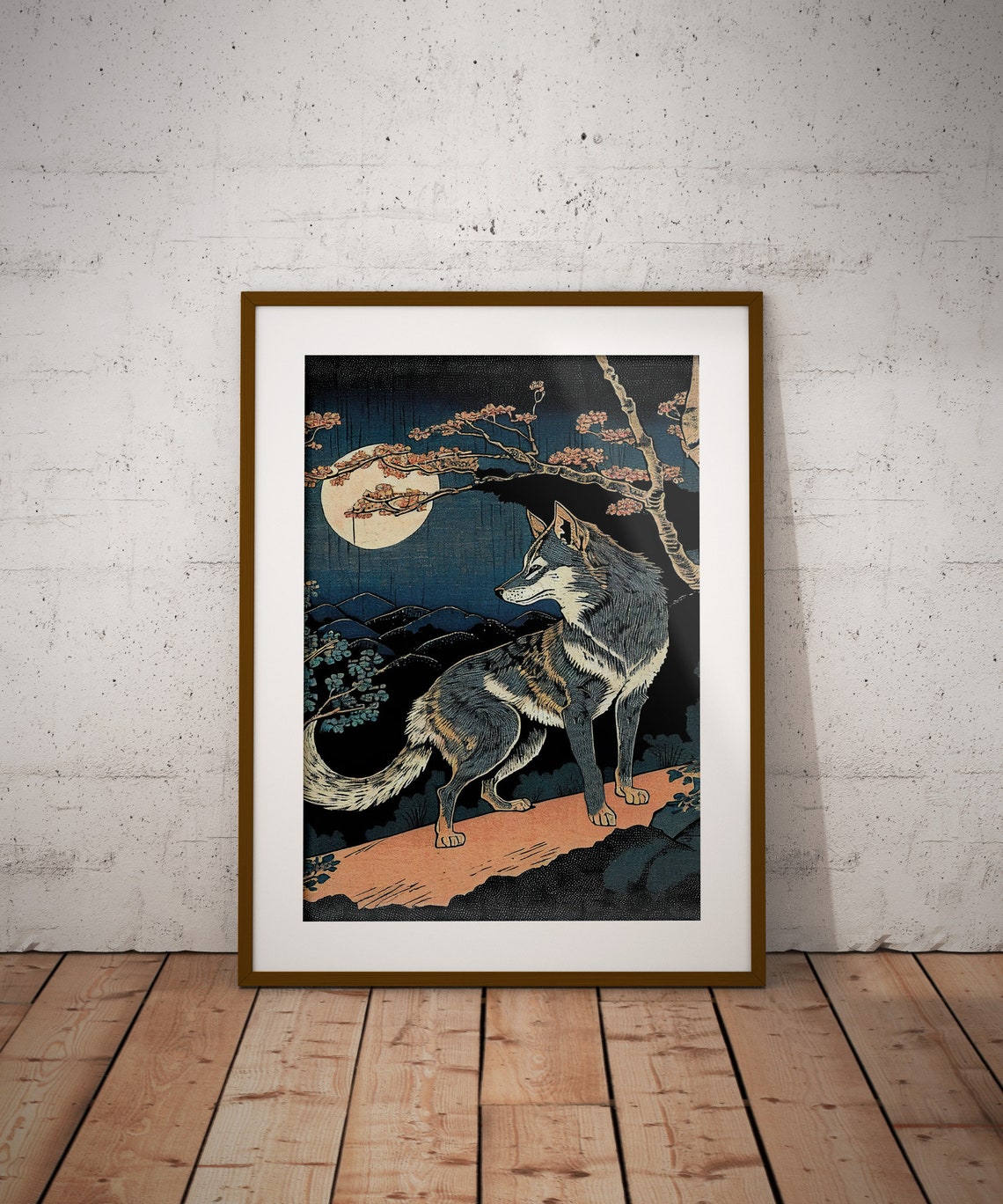 Wolf Beneath The Full Moon Japanese Ukiyo E Woodblock Style Art Poster - Image 2