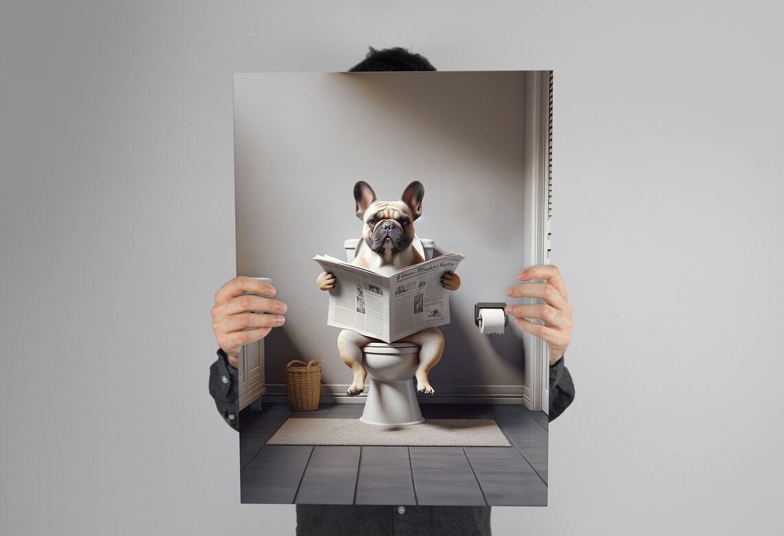 French Bulldog Reading Newspaper, Funny Bathroom Poster - Image 3