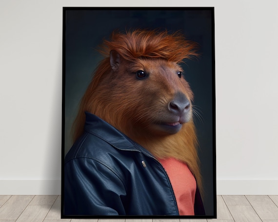 Capybara 1980s Rock Star with Mullet Funny Animal Portrait Poster