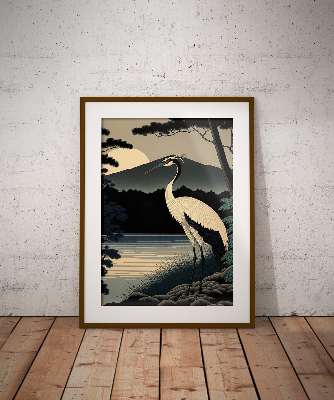 Elegant White Crane At Sunrise Lake With Moon Japanese Poster - Image 2