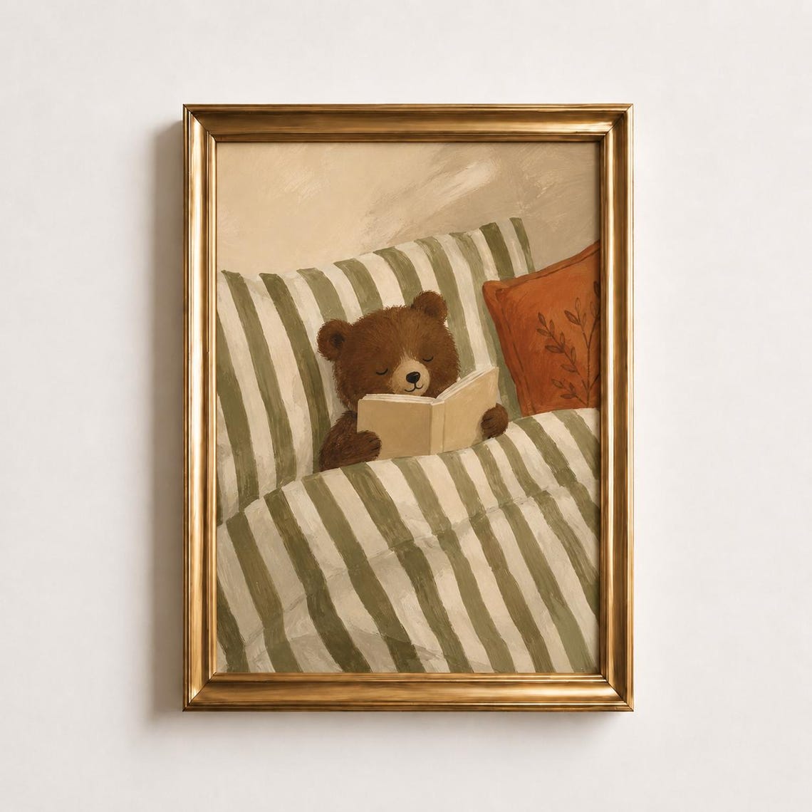 Reading Bear Oil Painting Poster Cub In Bed With Book Print Sage Green Nursery Wall Art Woodland Bedroom Decor Lover Gift