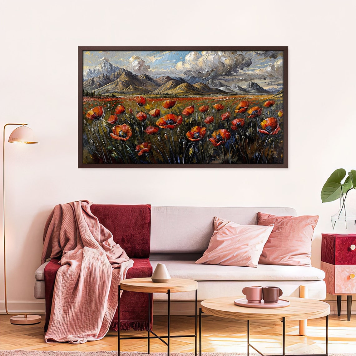 Red Poppy Field Mountains Dramatic Sky Vintage Oil Painting Art Print - Image 2