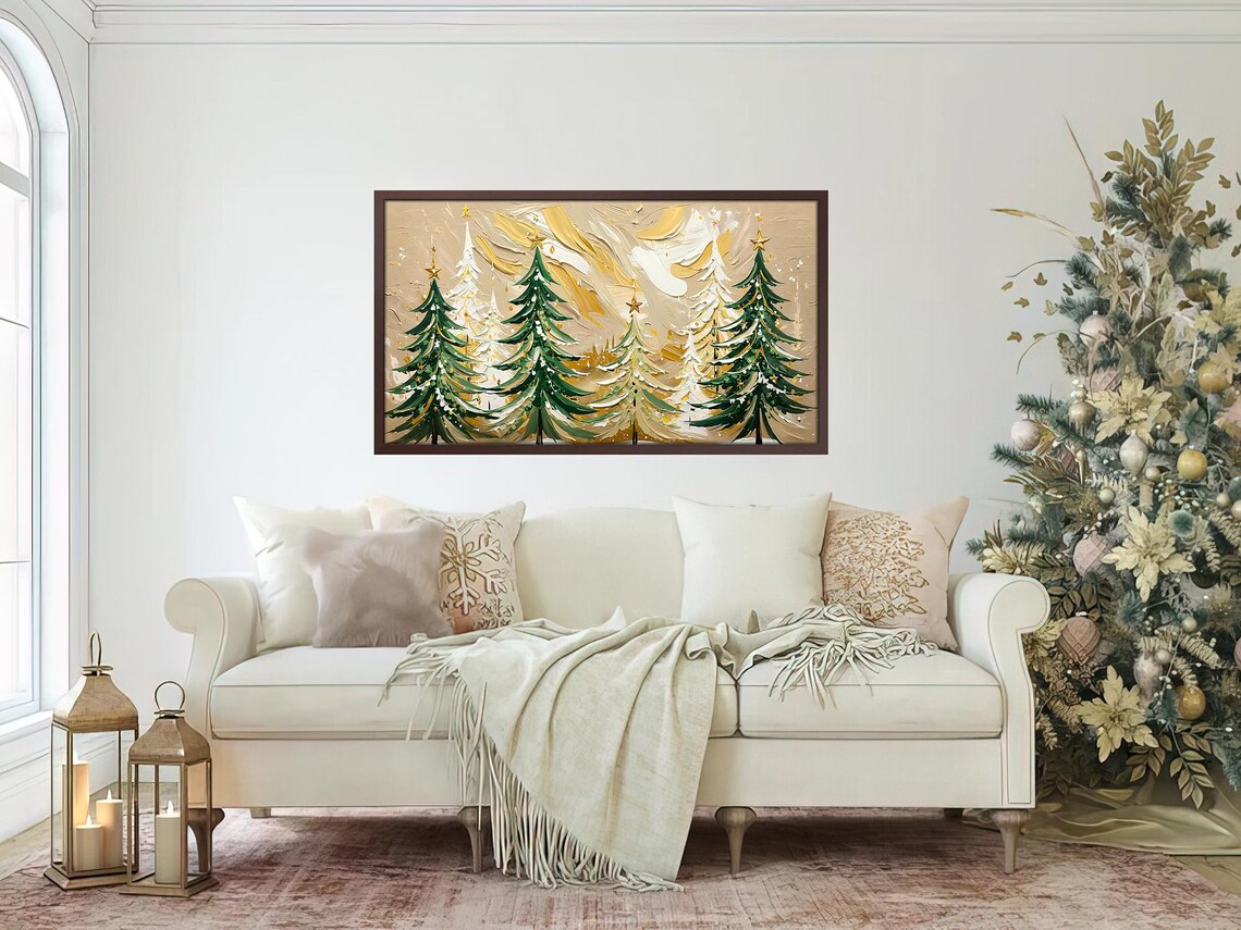 Festive Christmas Trees Gold Stars Green White Holiday Art Poster - Image 4