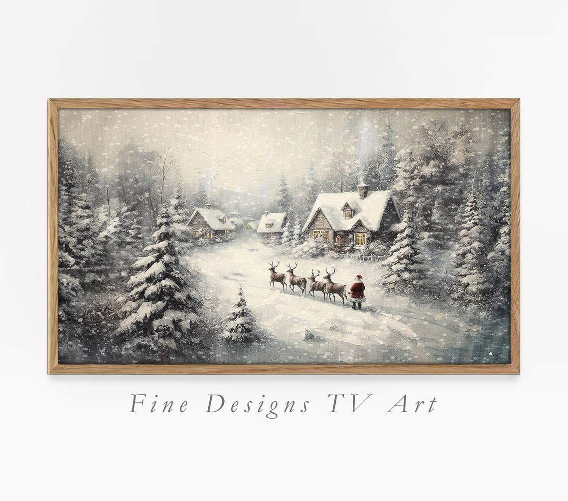 Santa Claus Sleigh Reindeer Christmas Night Snowy Village Art Poster