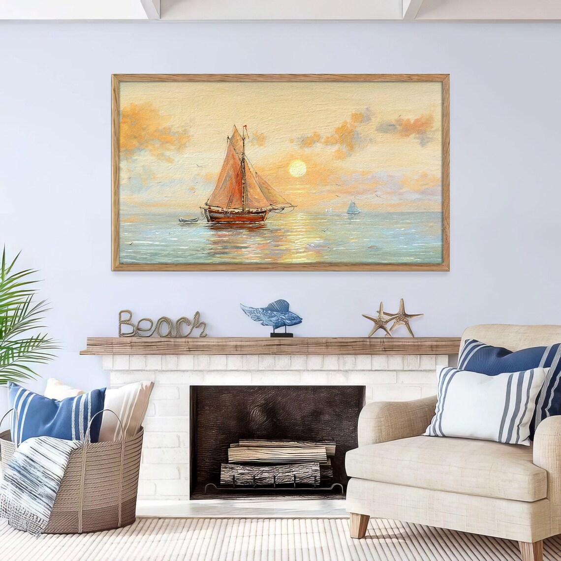 Vintage Sailboat Ocean Sunset Golden Sea Sailing Ship Oil Art Poster - Image 2