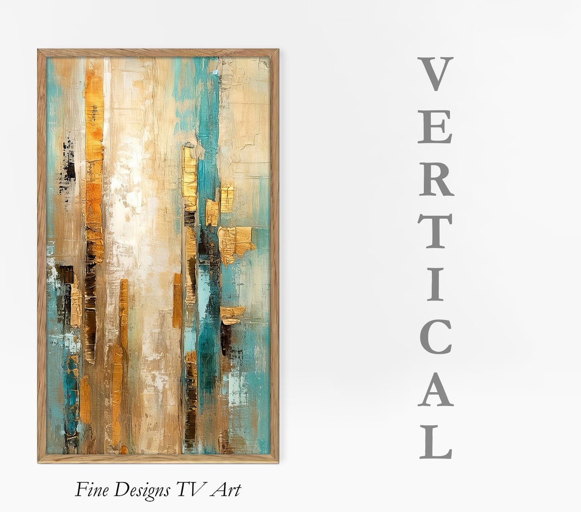 Vertical Turquoise Gold Cream Abstract Textured Modern Art Print