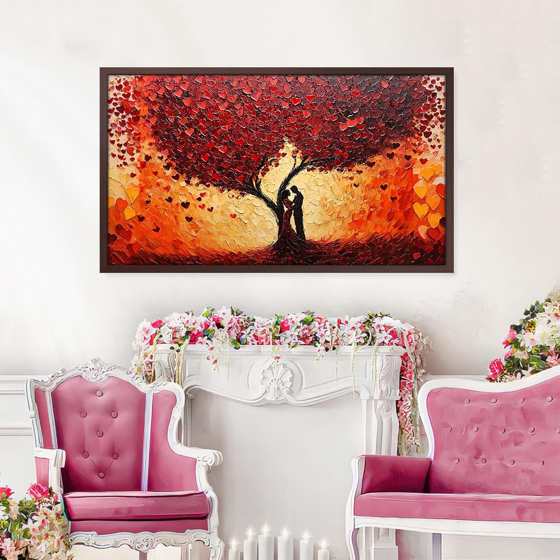 Kissing Couple Under Heart Tree Sunset Impasto Romantic Love Poster - Image 2
