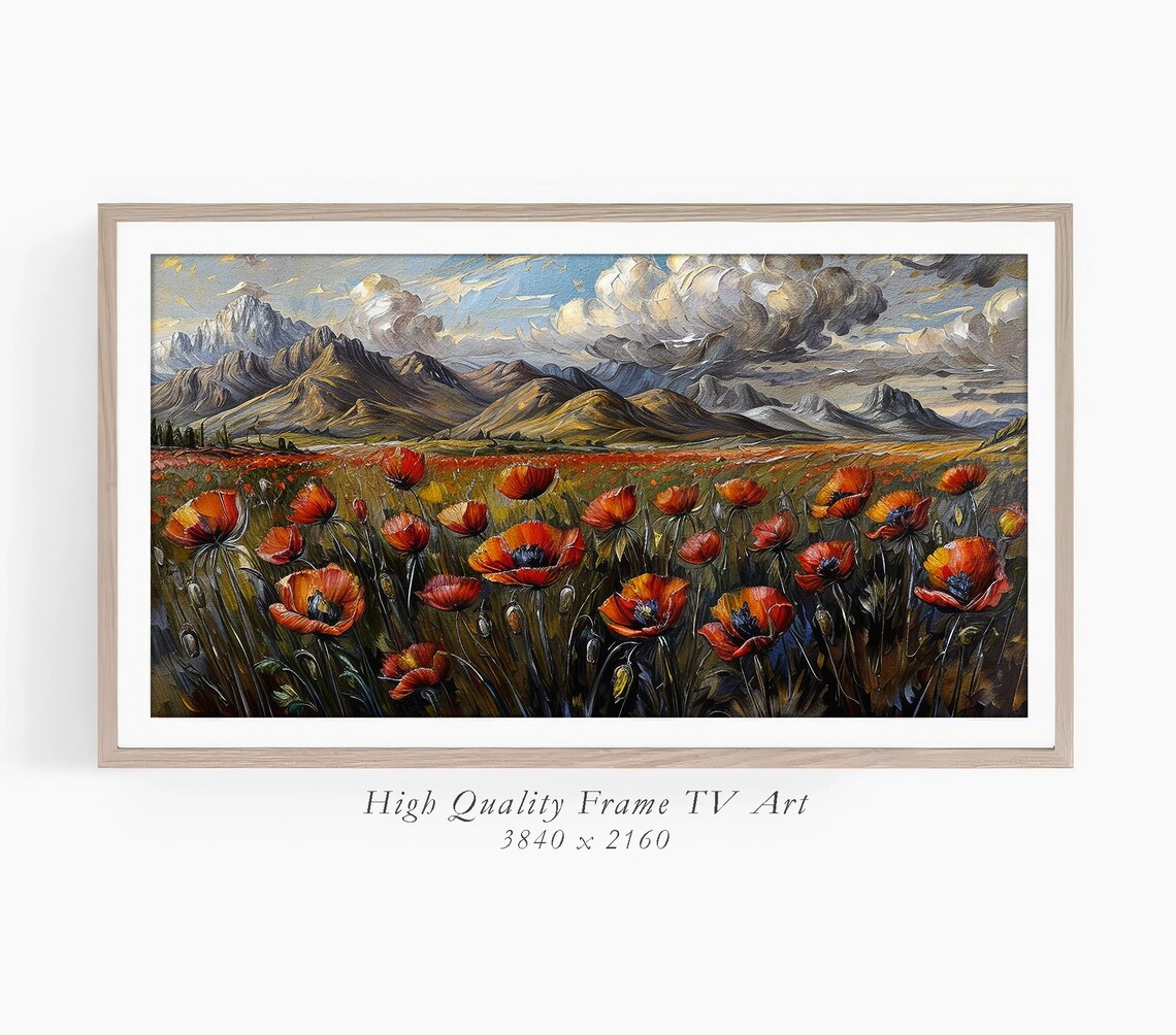 Red Poppy Field Mountains Dramatic Sky Vintage Oil Painting Art Print - Image 3